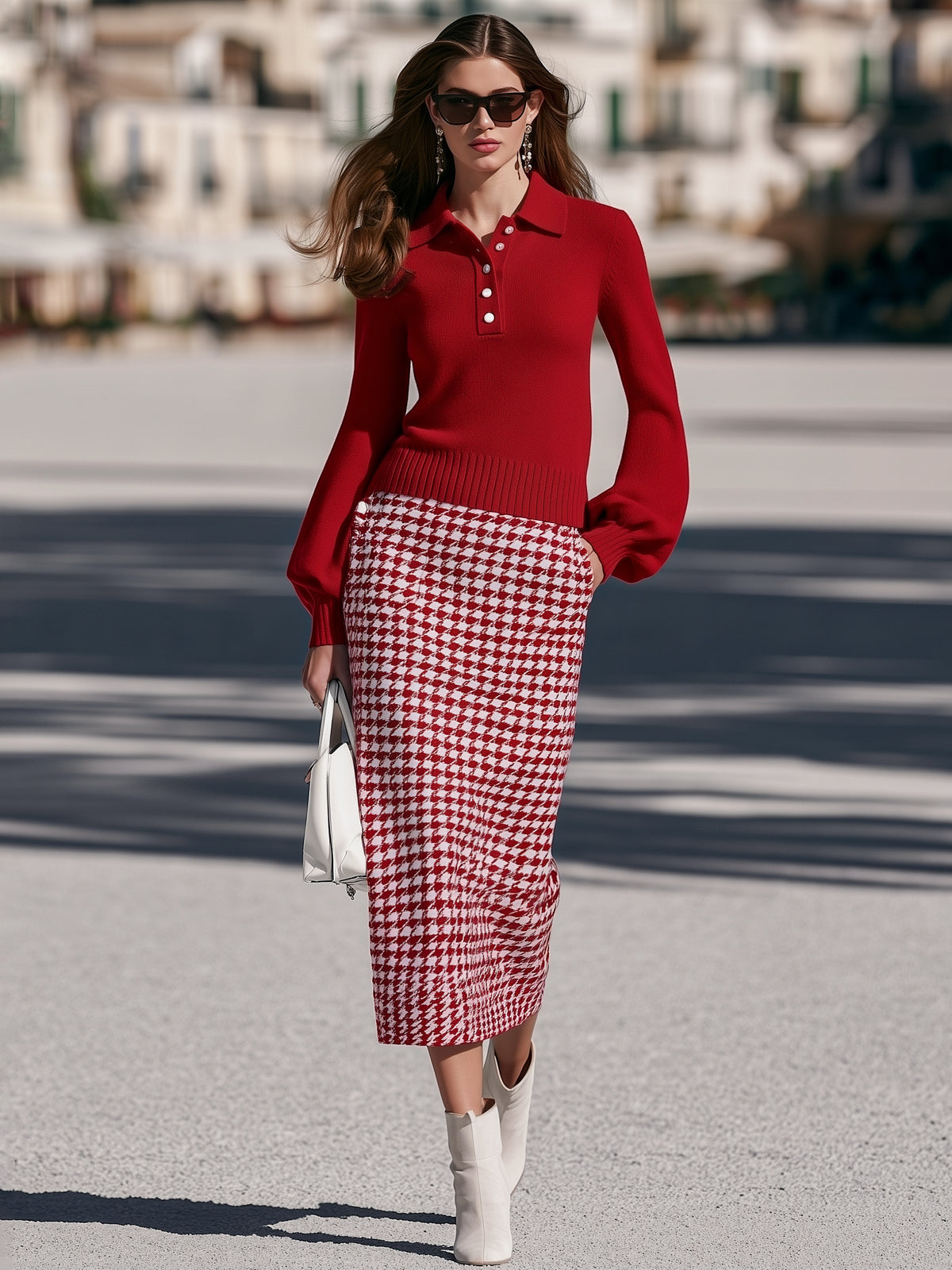 Vintage Preppy Red Polo Knit Top Houndstooth Midi Skirt Set