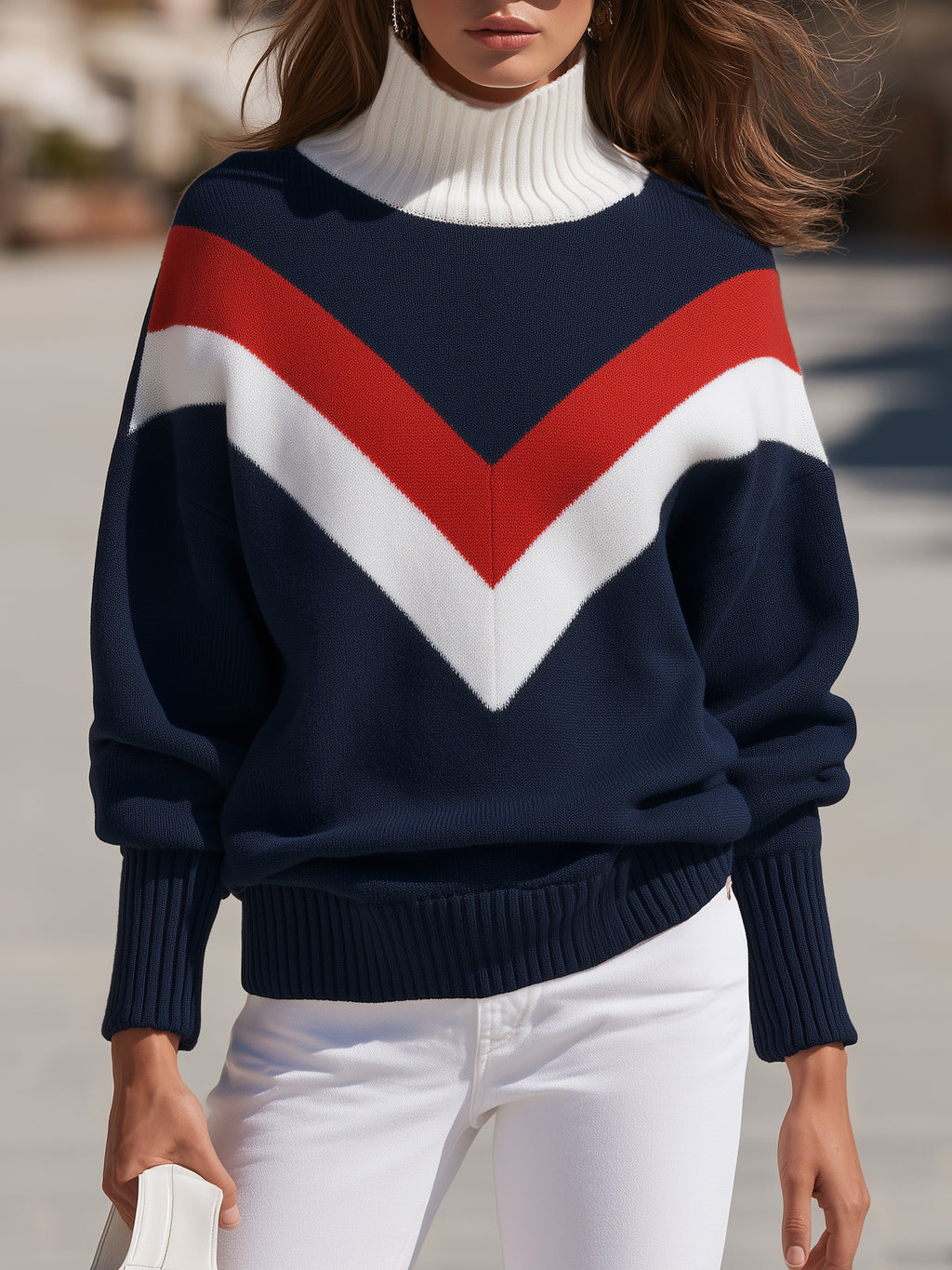 Preppy Riviera Nautical Navy Red White Chevron Turtleneck Sweater