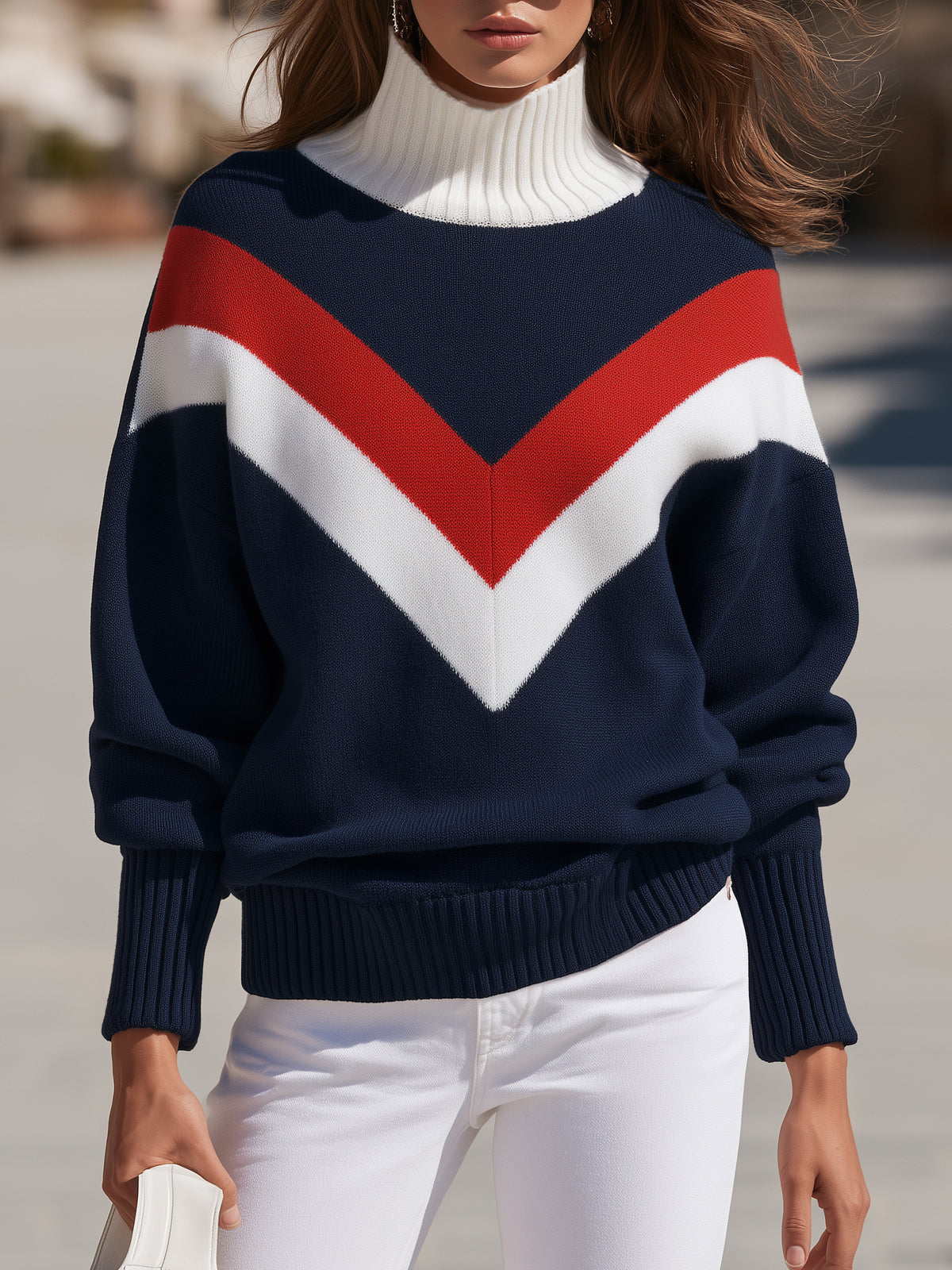 Preppy Riviera Nautical Navy Red White Chevron Turtleneck Sweater