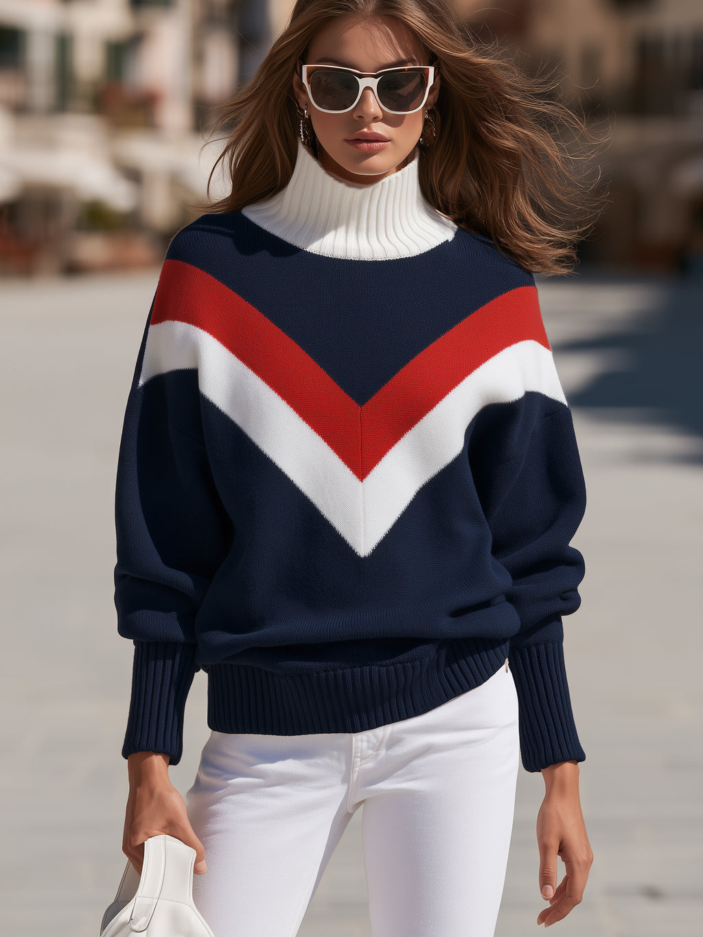 Preppy Riviera Nautical Navy Red White Chevron Turtleneck Sweater