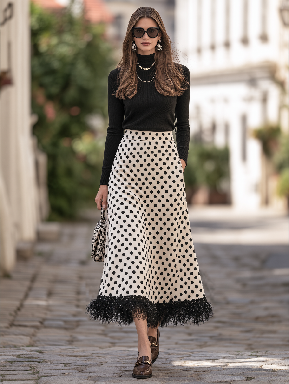Resort-style Long-sleeved High-neck Top And Polka-dot Fringe Skirt Set