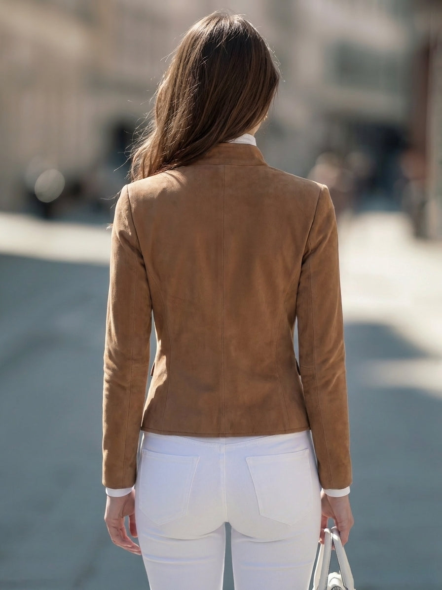 Vintage Moto Camel Faux Suede Studded Stand Collar Jacket