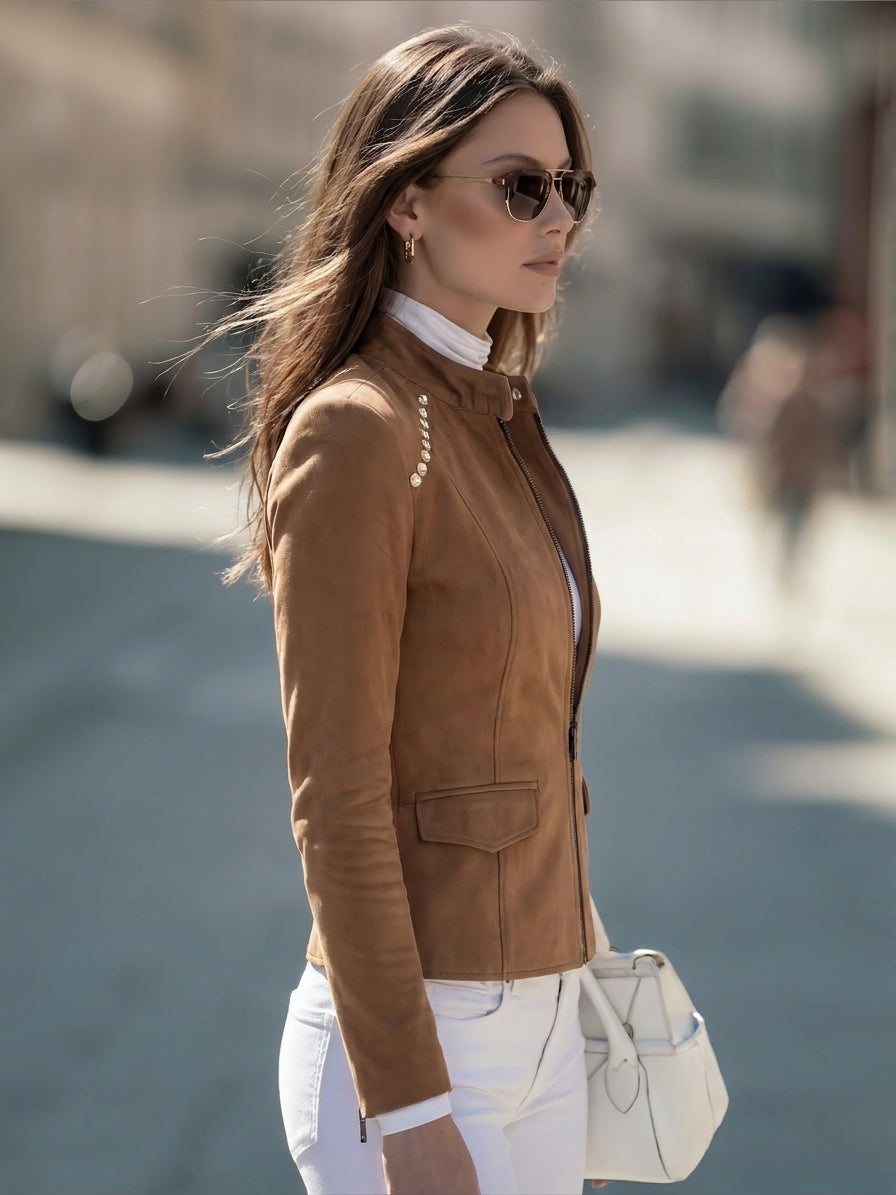 Vintage Moto Camel Faux Suede Studded Stand Collar Jacket