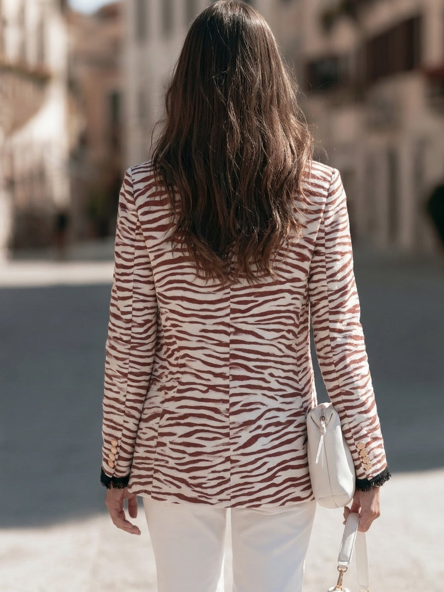 Chic Retro Reddish Brown Zebra Print Fringe Trim Woven Jacket
