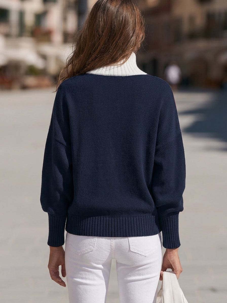 Preppy Riviera Nautical Navy Red White Chevron Turtleneck Sweater