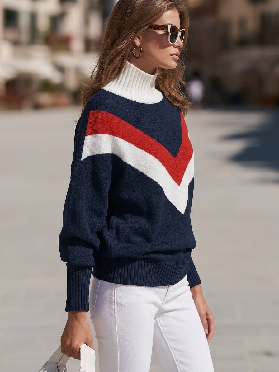 Preppy Riviera Nautical Navy Red White Chevron Turtleneck Sweater