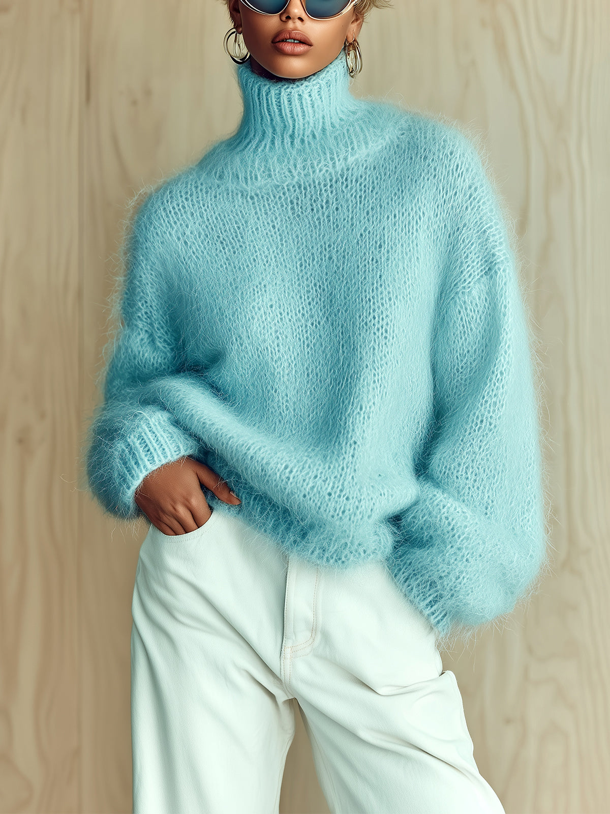 Chic Vintage Baby Blue Turtleneck Textured Knit Fuzzy Slouchy Sweater