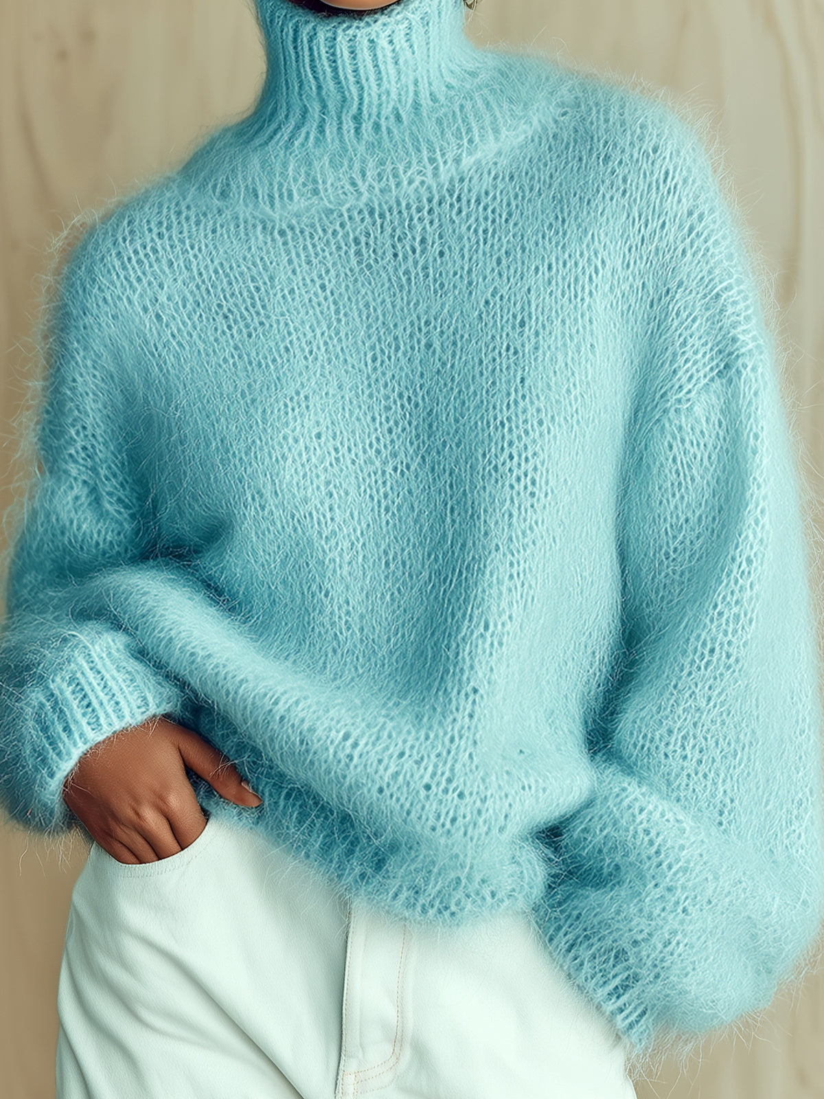 Chic Vintage Baby Blue Turtleneck Textured Knit Fuzzy Slouchy Sweater