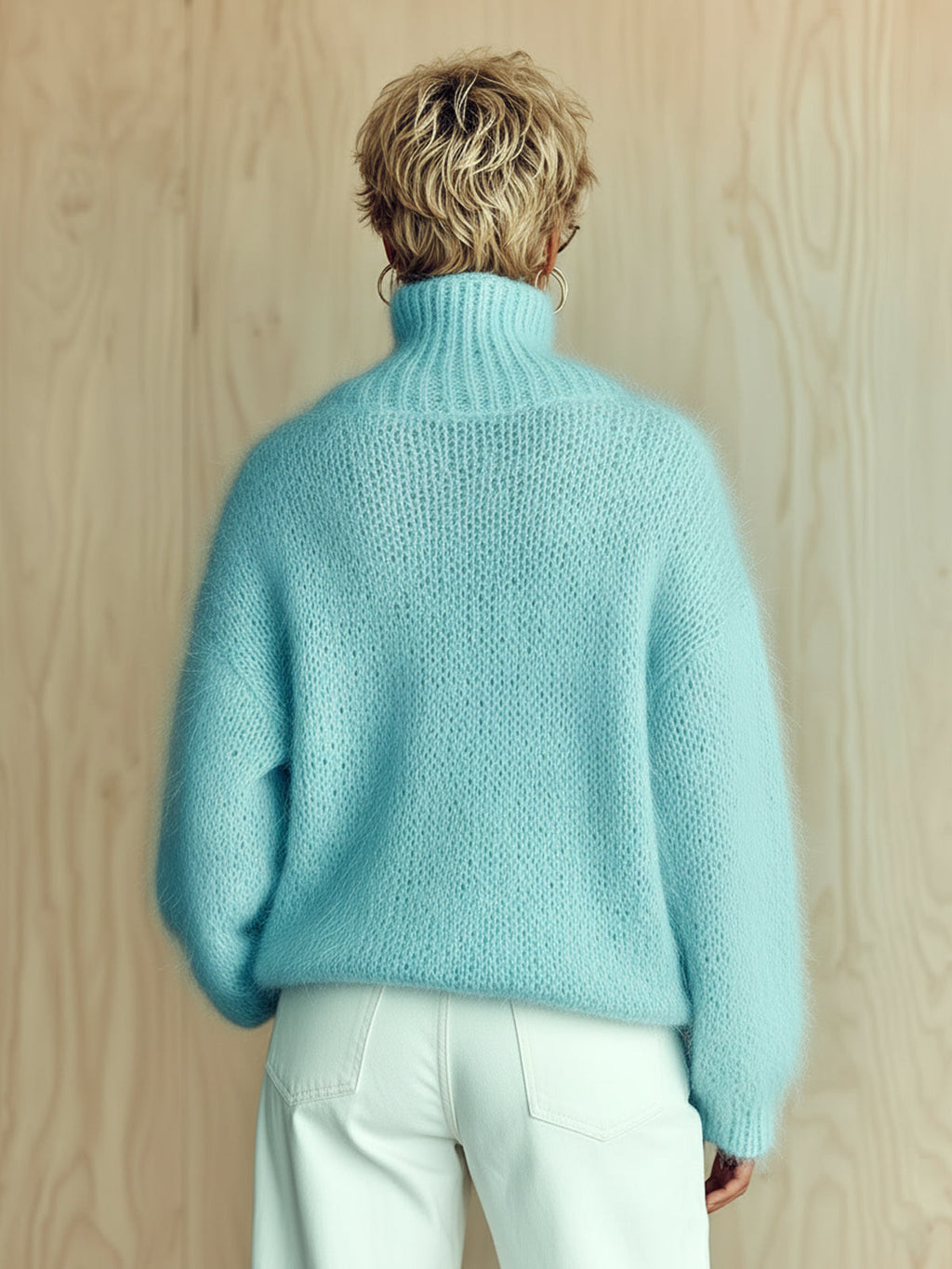 Chic Vintage Baby Blue Turtleneck Textured Knit Fuzzy Slouchy Sweater