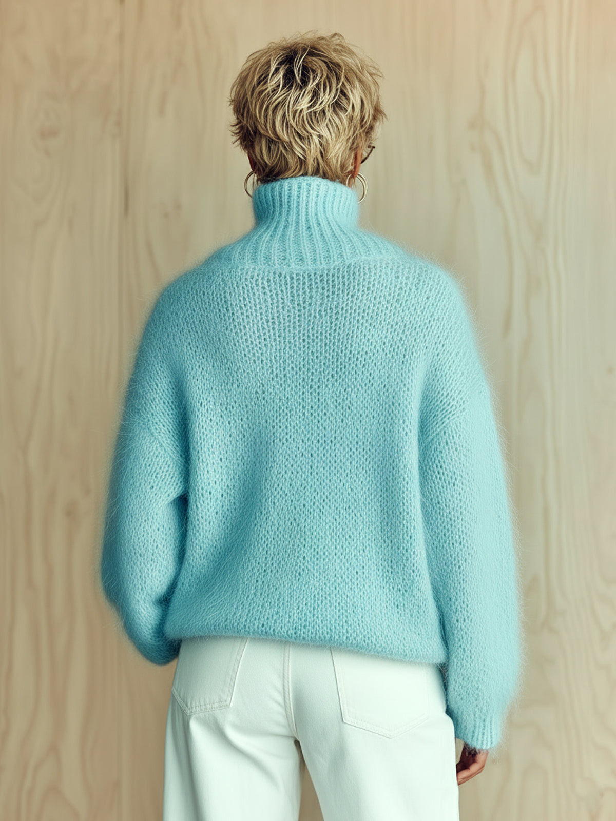 Chic Vintage Baby Blue Turtleneck Textured Knit Fuzzy Slouchy Sweater