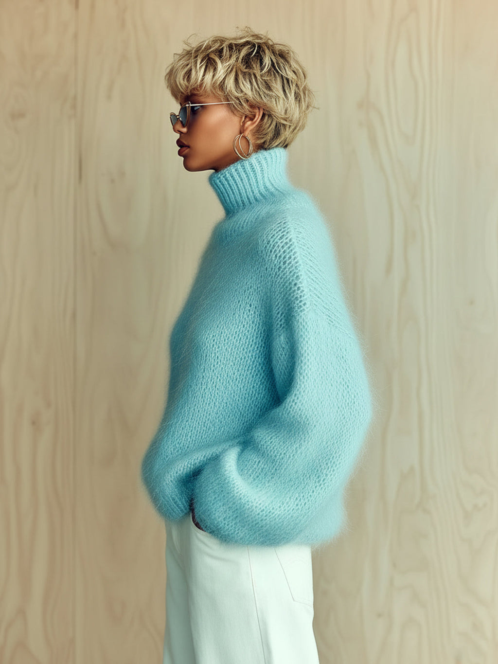 Chic Vintage Baby Blue Turtleneck Textured Knit Fuzzy Slouchy Sweater