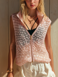 Chic Casual  Pink Zipper-Up Stand Collar Sleeveless Oversize Hollow-Out Knit Vest Top