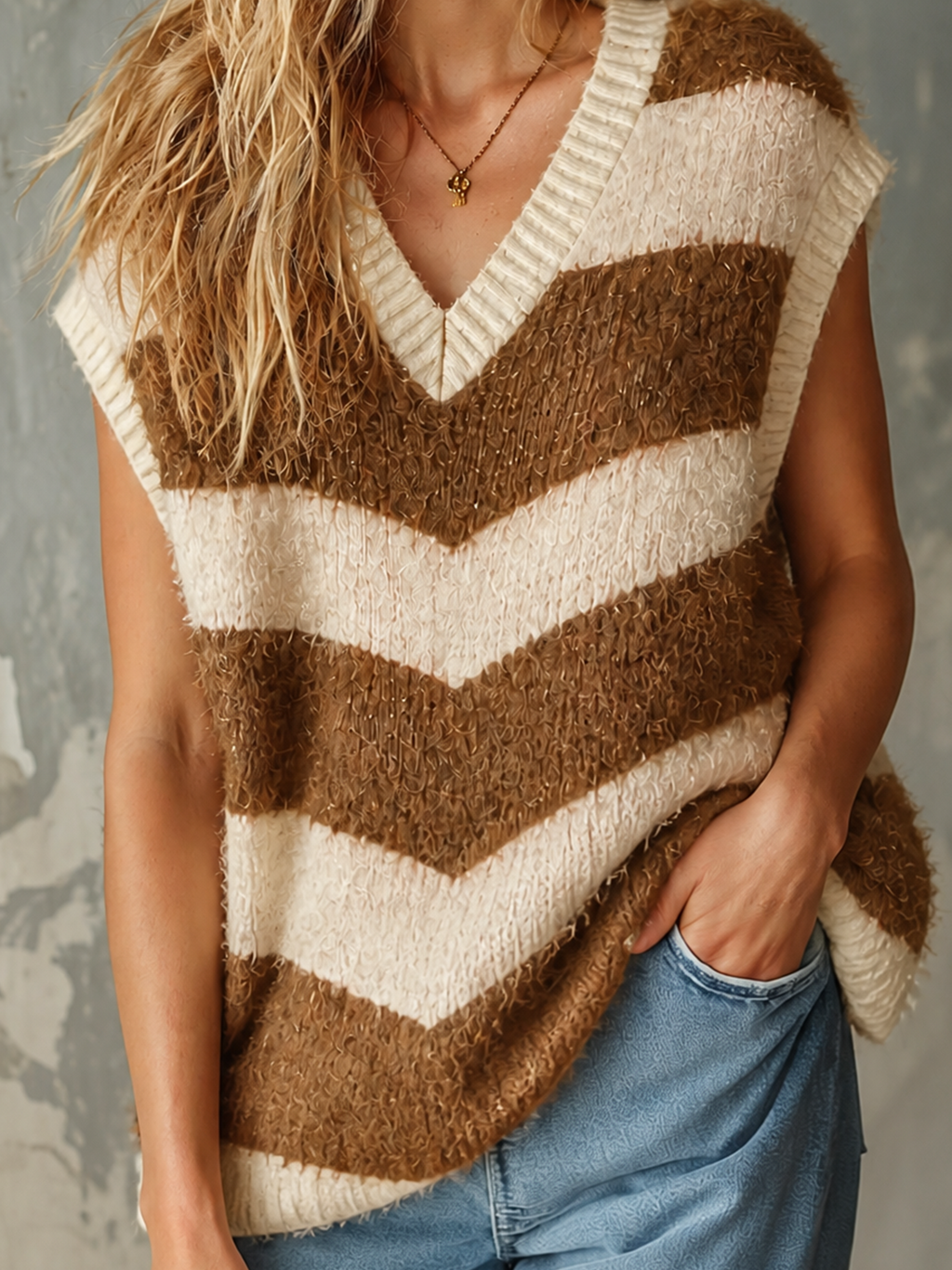 Chic Casual Cream-Camel Stripe V-Neck Sleeveless Loose-Fit Fuzzy Knit Vest Top