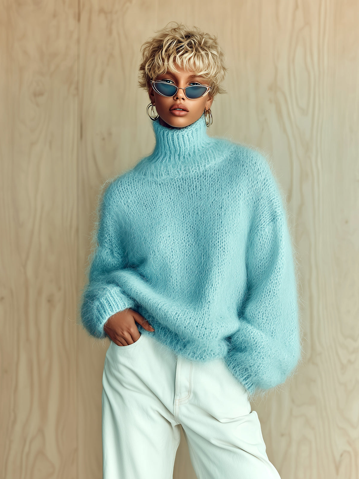 Chic Vintage Baby Blue Turtleneck Textured Knit Fuzzy Slouchy Sweater