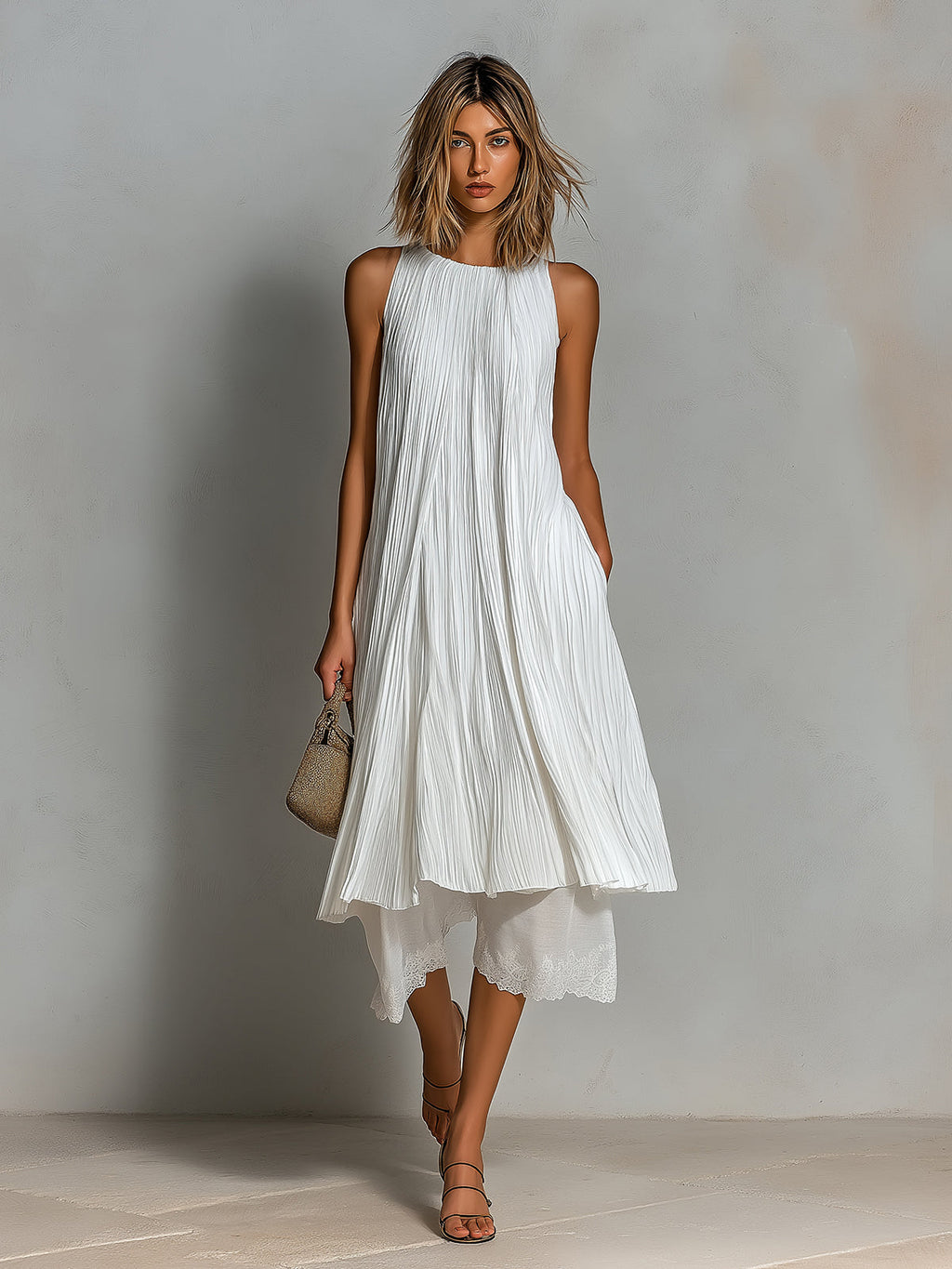 Chic Elegant White Pleated Round-Neck Sleeveless A-Line Long Top Cotton-Linen Lace Trim Detail Cropped Pants Two-Piece Set
