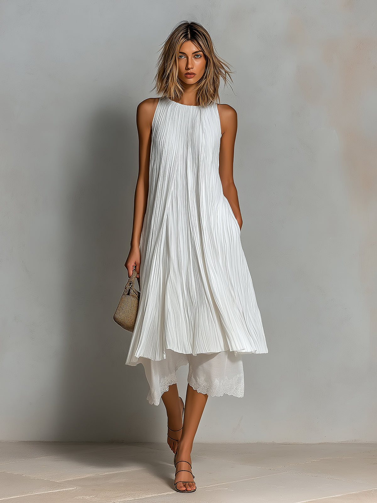 Chic Elegant White Pleated Round-Neck Sleeveless A-Line Long Top Cotton-Linen Lace Trim Detail Cropped Pants Two-Piece Set