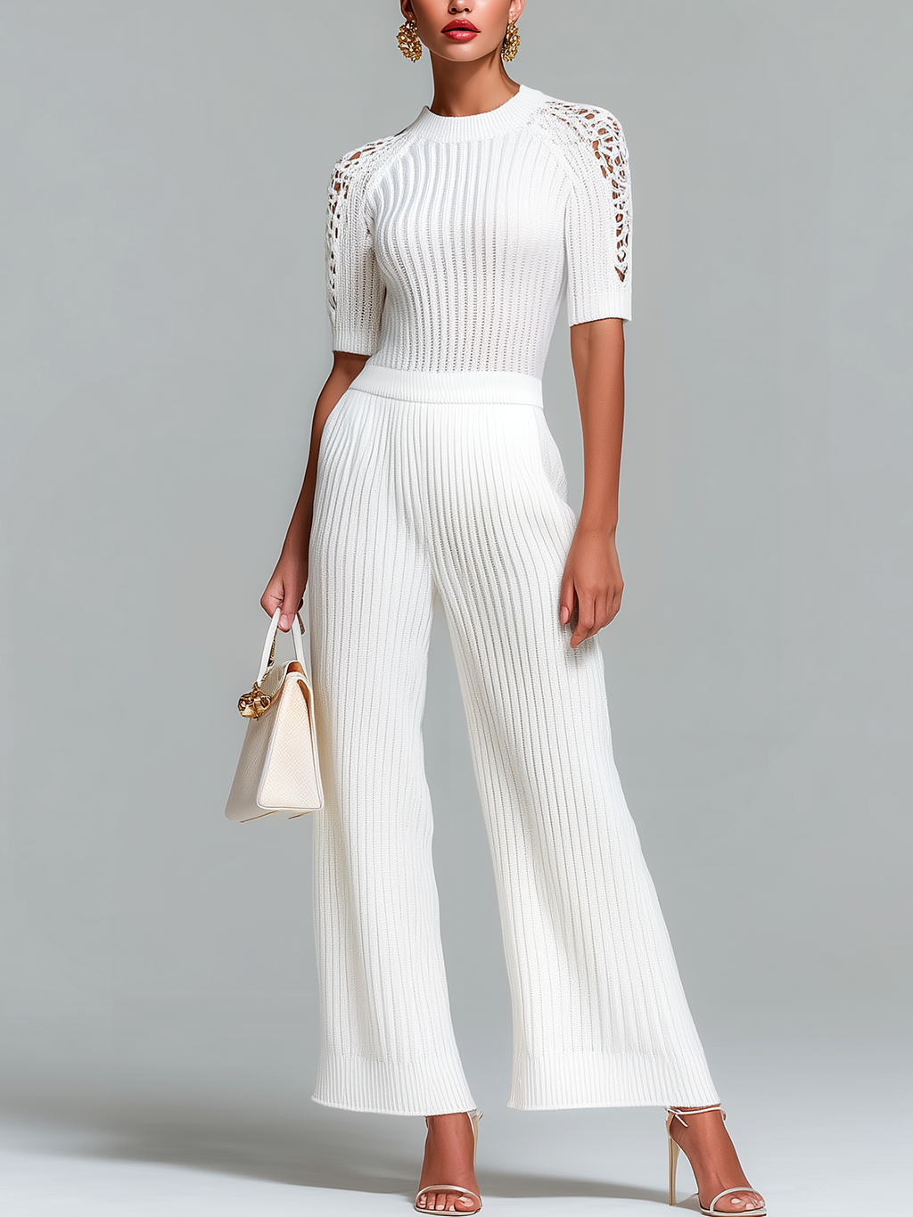 Stylish Elegant White Round-neck Lace Panel Short-sleeved Top Loose Wide-leg Pants Ribbed Knit Two-piece Set