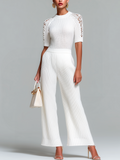Stylish Elegant White Round-neck Lace Panel Short-sleeved Top Loose Wide-leg Pants Ribbed Knit Two-piece Set