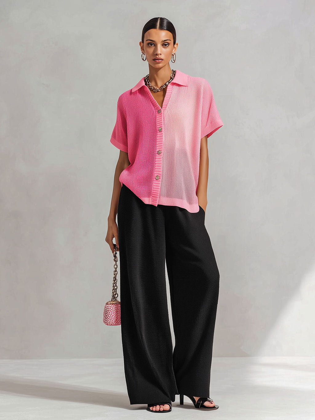 Chic Elegant Pink Colorblock Lapel Single-Breasted Short-Sleeve Loose-Fit Knit Cardigan Top Black Wide-Leg Pants Knit Two-Piece Set