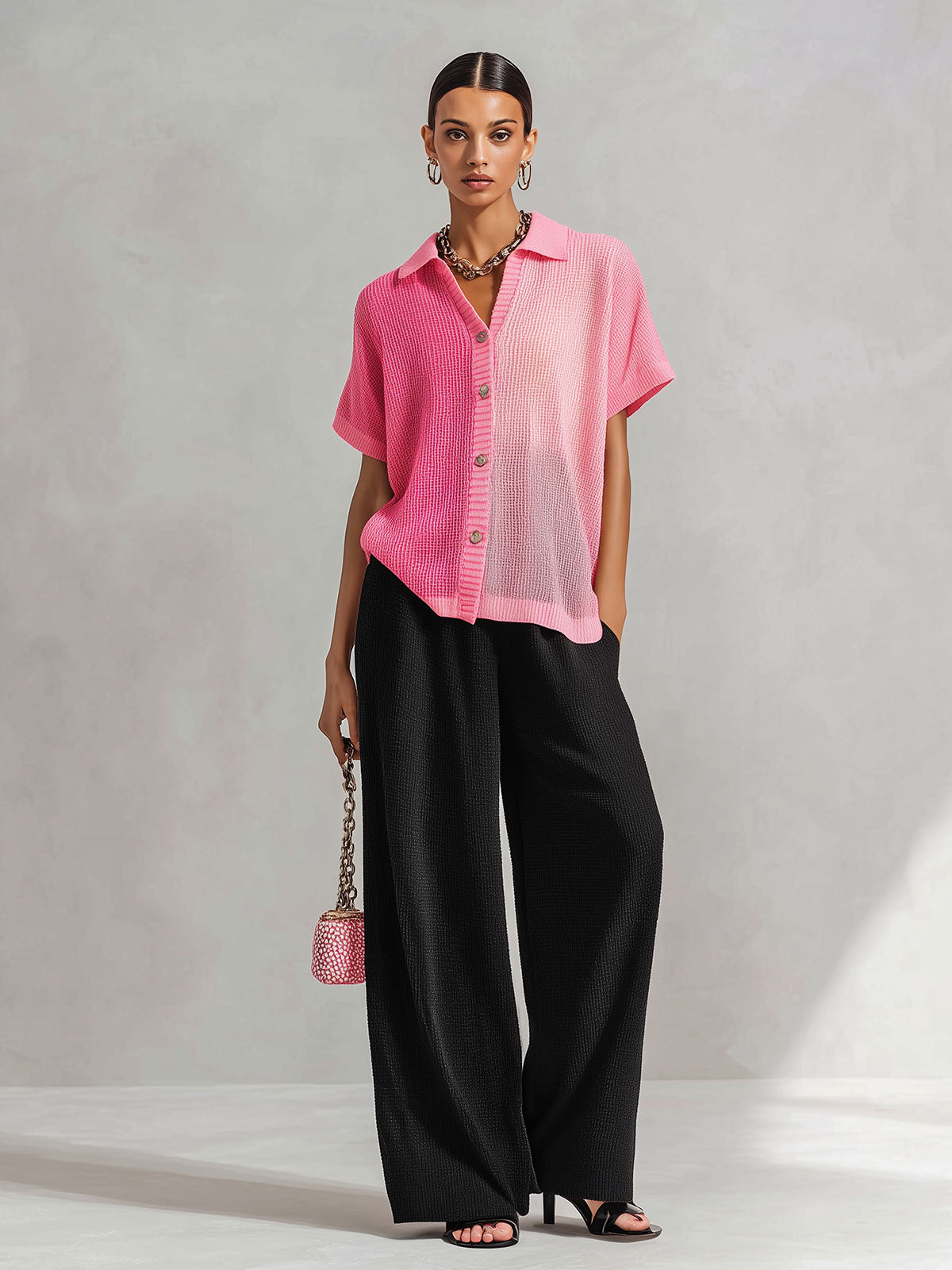 Chic Elegant Pink Colorblock Lapel Single-Breasted Short-Sleeve Loose-Fit Knit Cardigan Top Black Wide-Leg Pants Knit Two-Piece Set