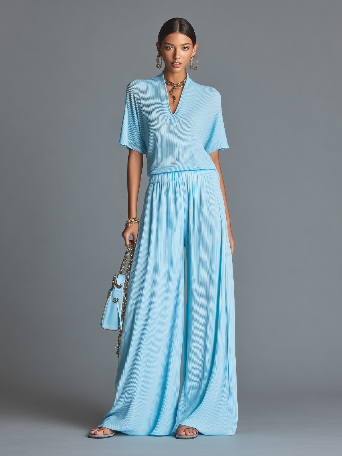 Chic Vintage Baby Blue V-Neck Short-Sleeve Loose Knit Tops Wide-Leg Pants Knit Two-Piece Set