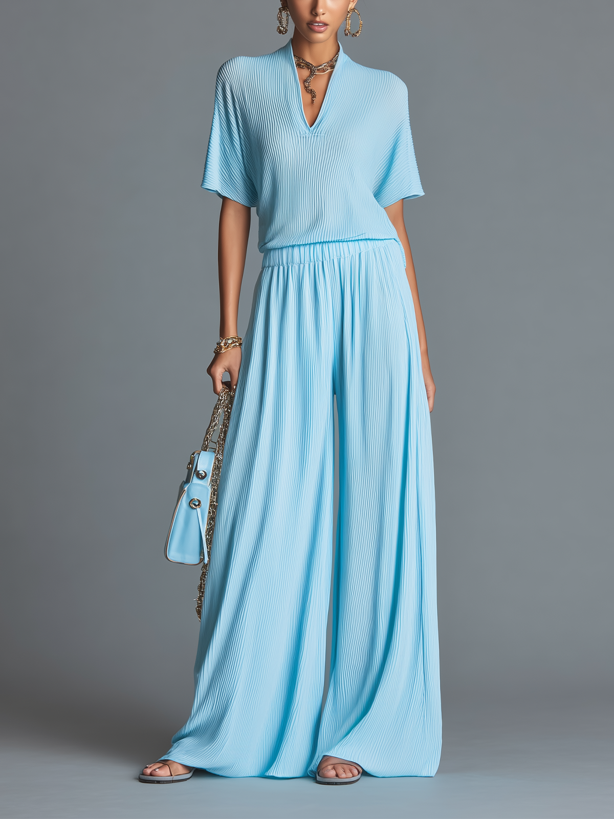 Chic Vintage Baby Blue V-Neck Short-Sleeve Loose Knit Tops Wide-Leg Pants Knit Two-Piece Set