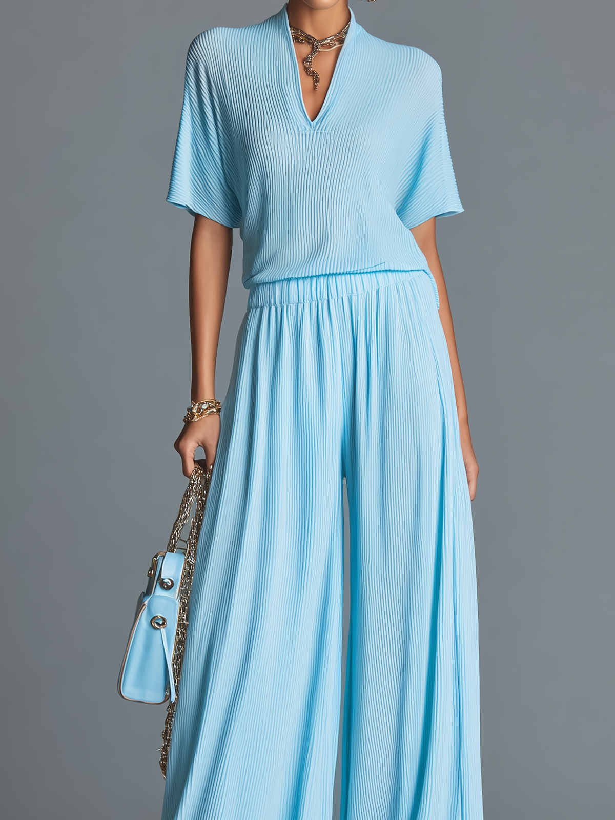 Chic Vintage Baby Blue V-Neck Short-Sleeve Loose Knit Tops Wide-Leg Pants Knit Two-Piece Set