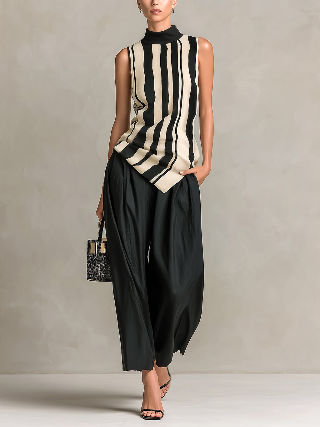 Chic Elegant Black-Beige Stripes Mock-Neck Sleeveless Knit Vest Top Black Cotton Blend Wide-Leg Cropped Pants Two-Piece Set