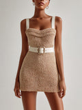 Chic Elegant Light Camel Strappy Sleeveless  Trim Detail Belted-Waist Knit Mini Dress