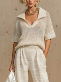 Chic Casual Beige Lapel V-Neck Short-Sleeve Loose Knit Sweater