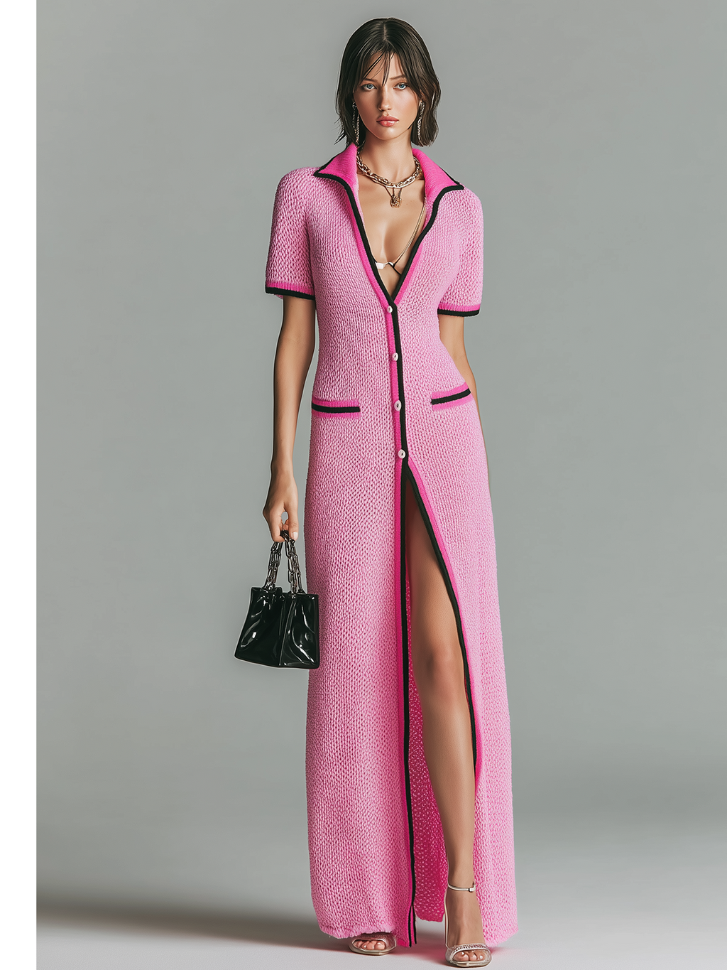 Chic Elegant Pink Colorblock Lapel Collar Single-Breasted Short-Sleeve Loose Knit Maxi Dress