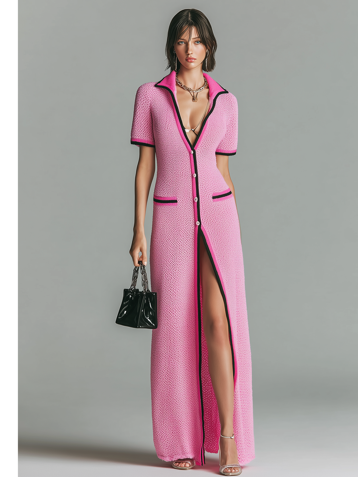 Chic Elegant Pink Colorblock Lapel Collar Single-Breasted Short-Sleeve Loose Knit Maxi Dress