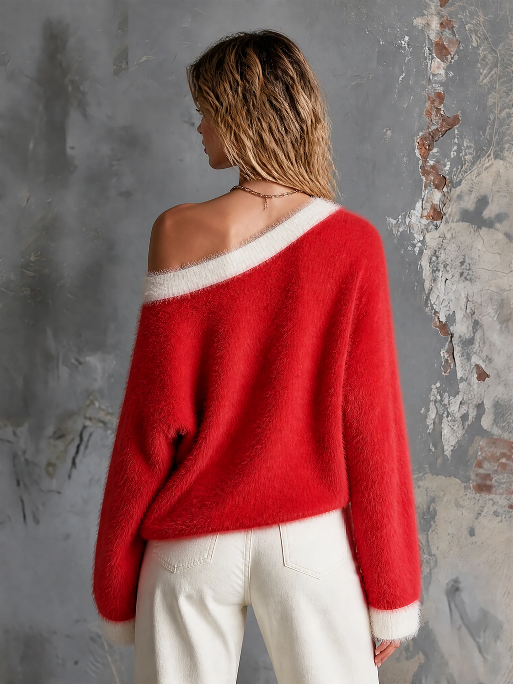 Chic Casual Red Off Shoulder Heart Jacquard Long Sleeve Contrast Trim Loose-Fit Fuzzy Mohair-Blend Knit Sweater