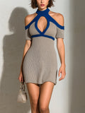 Chic Elegant Royal Blue-Gray Colorblock Halter Short-Sleeve Cutout Details Slim-Fit Knit Mini Dress