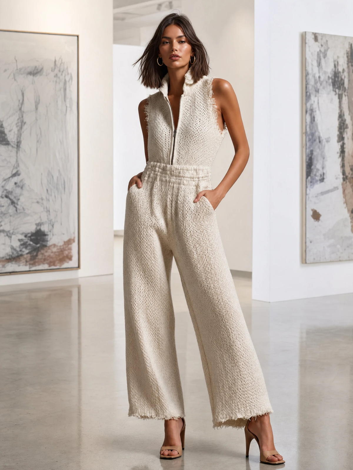 Chic Elegant Cream White Stand Collar Half Zip Frayed Edge Sleeveless Elastic-Waist Loose-Fit Knit Jumpsuit