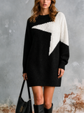 Chic Elegant Black-White Colorblock Star Jacquard Round-Neck Dropped-Shoulder Long-Sleeve Loose-Fit Knit Mini Dress