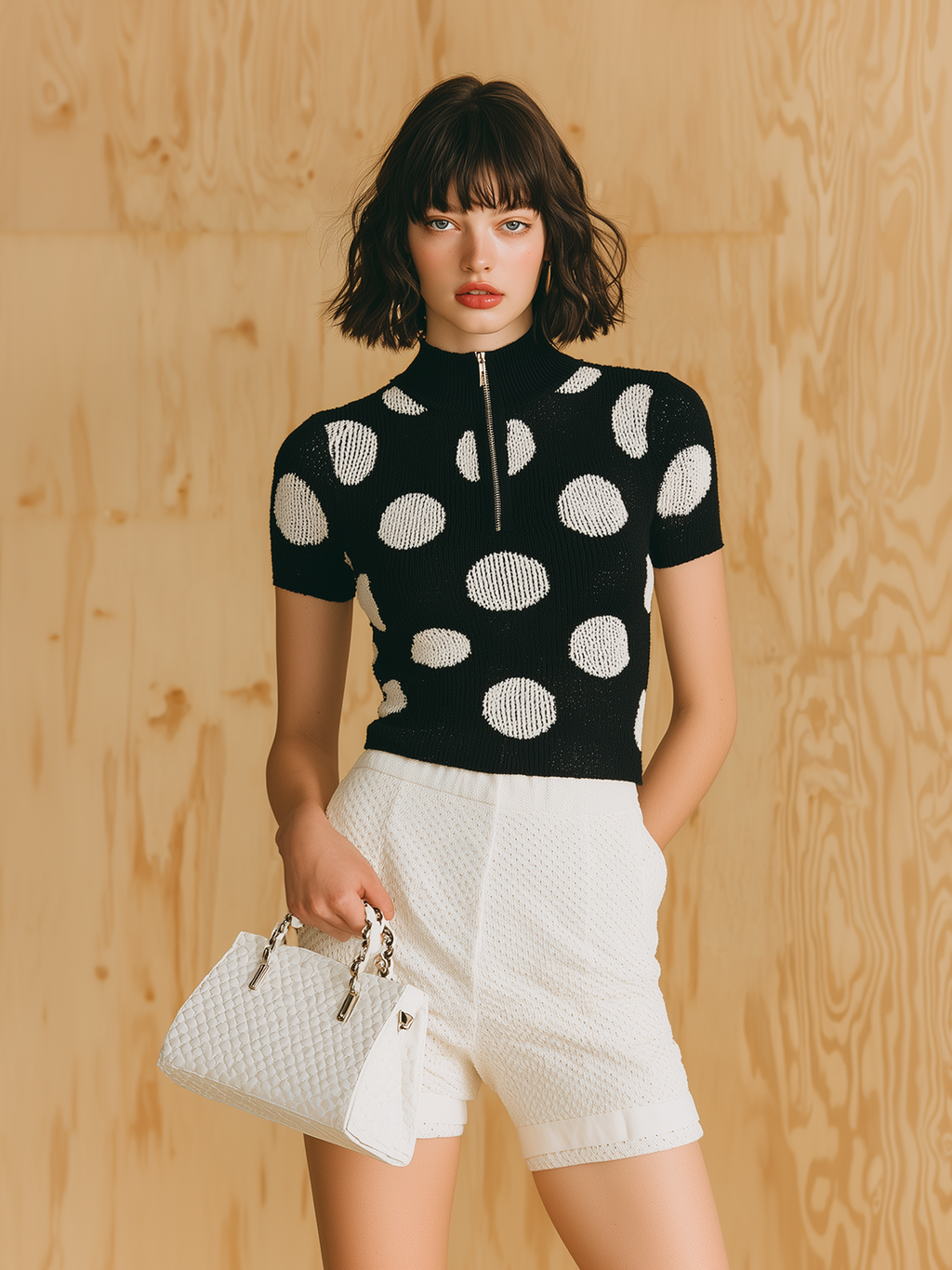Chic Casual Black Polka-Dot Jacquard Zipper-Up Stand Collar Short-Sleeve Slim-Fit Knit Sweater Top