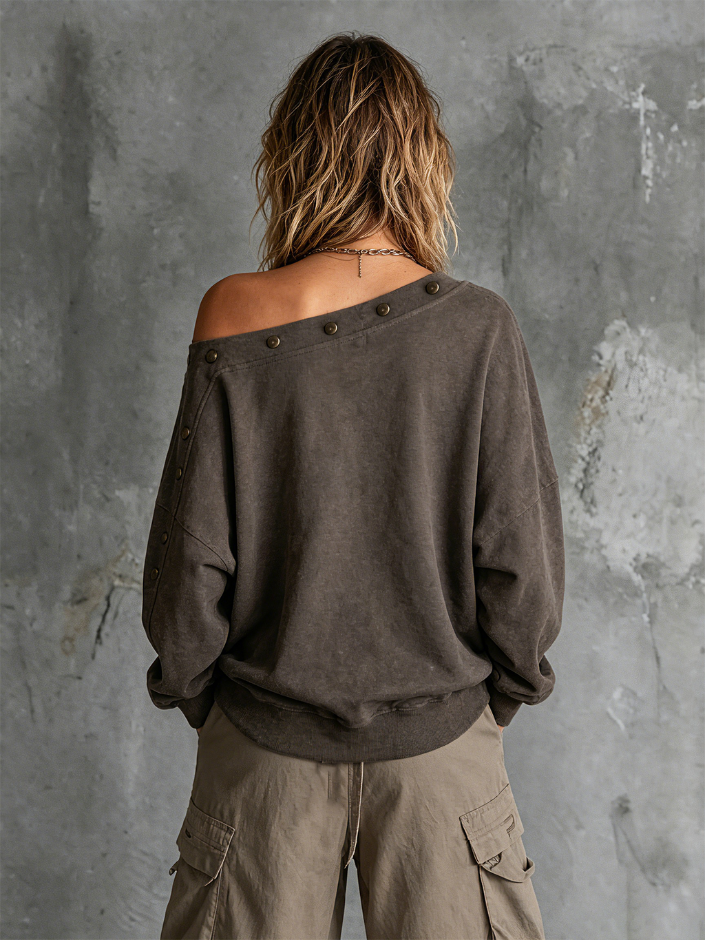 Chic Casual Charcoal Grey Off Shoulder Buttons Trim Star Embroidery Long Sleeve Loose-Fit French Terry Sweatshirt