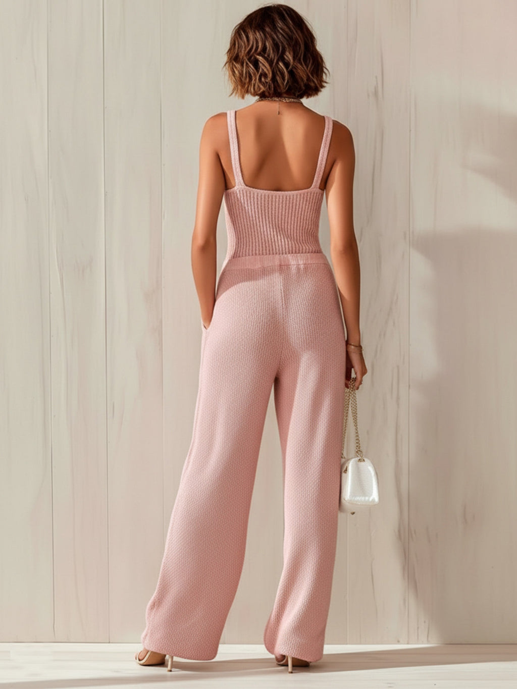 Chic Elegant Pink Strappy Button-Front Loose-Fit Waist Tie Wide-Leg Ribbed Knit Jumpsuit
