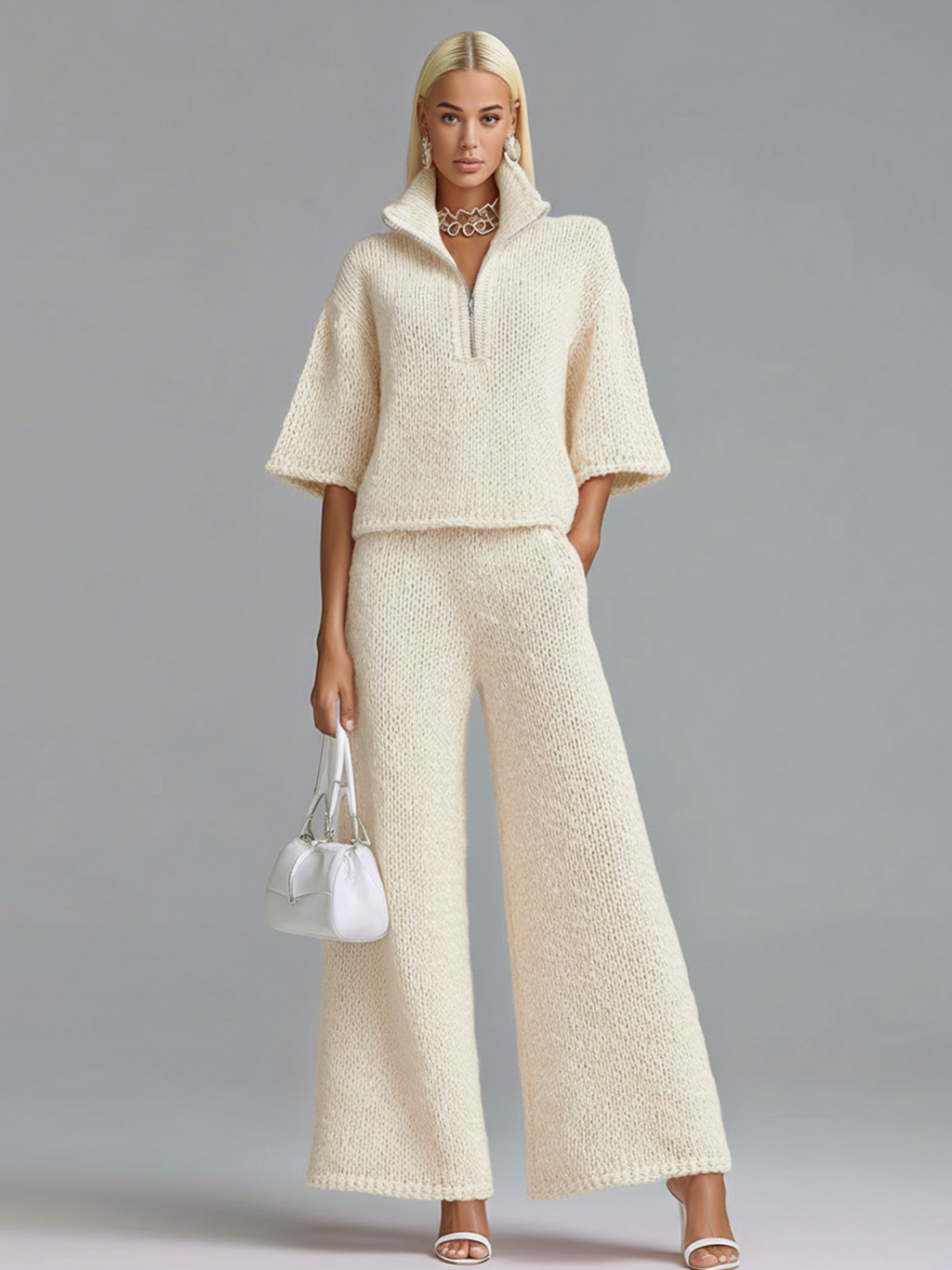 Stylish Elegant Barbie Pink Lapel Seven-Quarter Sleeve Half-Zip Loose Sweater And Wide-Leg Pants Two-Piece Set