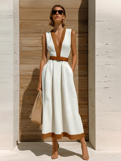 Chic Elegant White Colorblock V-Neck Sleeveless Slim-Fit Waist Tie A-Line Ribbed Knit Maxi Dress