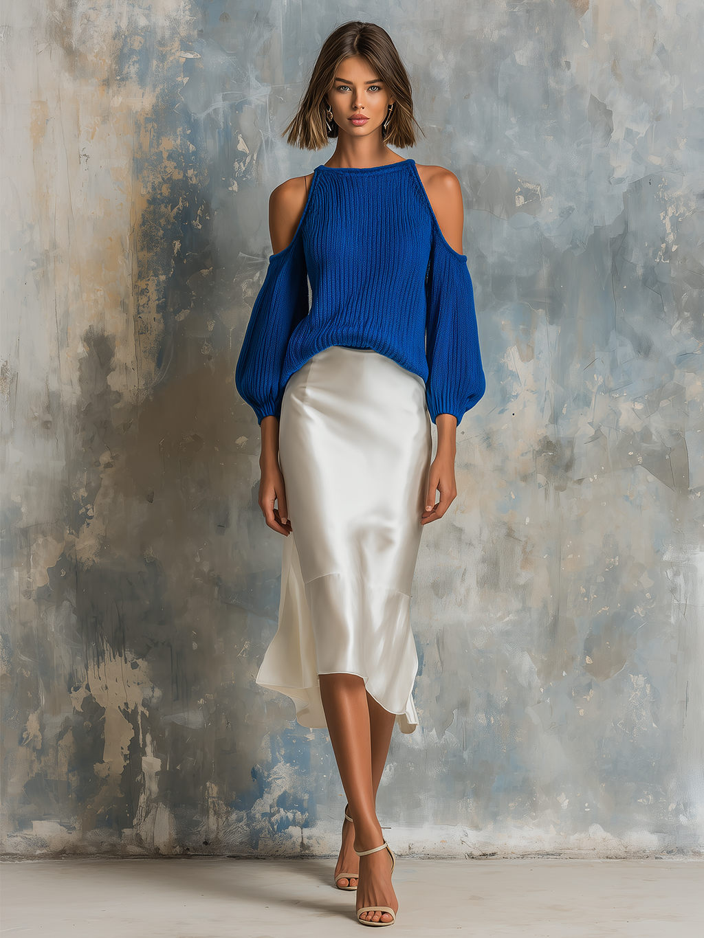 Chic Elegant Royal Blue Halter Crew-Neck Cold-Shoulder Balloon Sleeves Loose-Fit Knit Sweater White Satin Fabric Midi Skirt Two-Piece Set