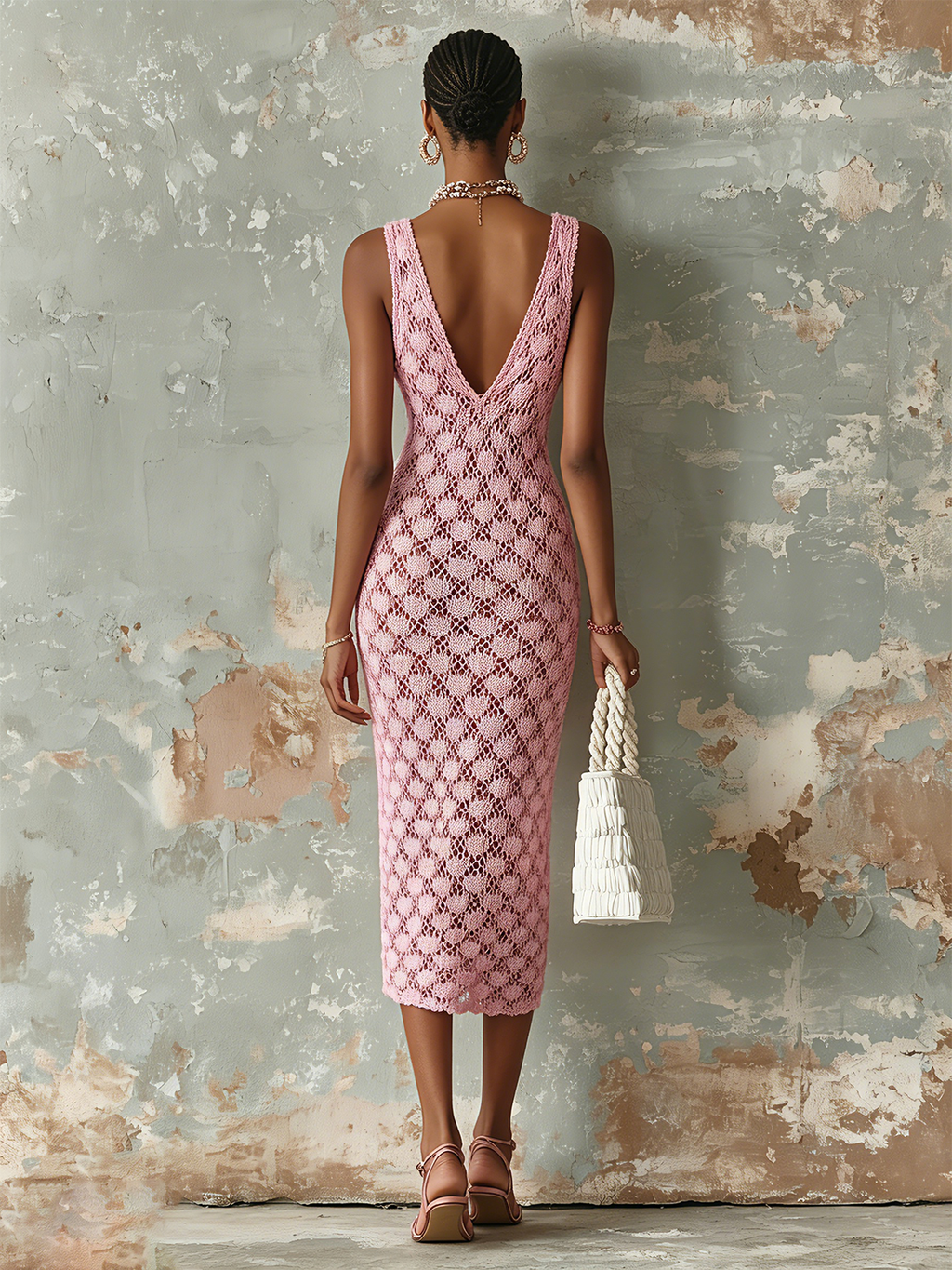 Chic Elegant Pink V-Neck Sleeveless Slim-Fit Hollow-Out Knit Midi Dress