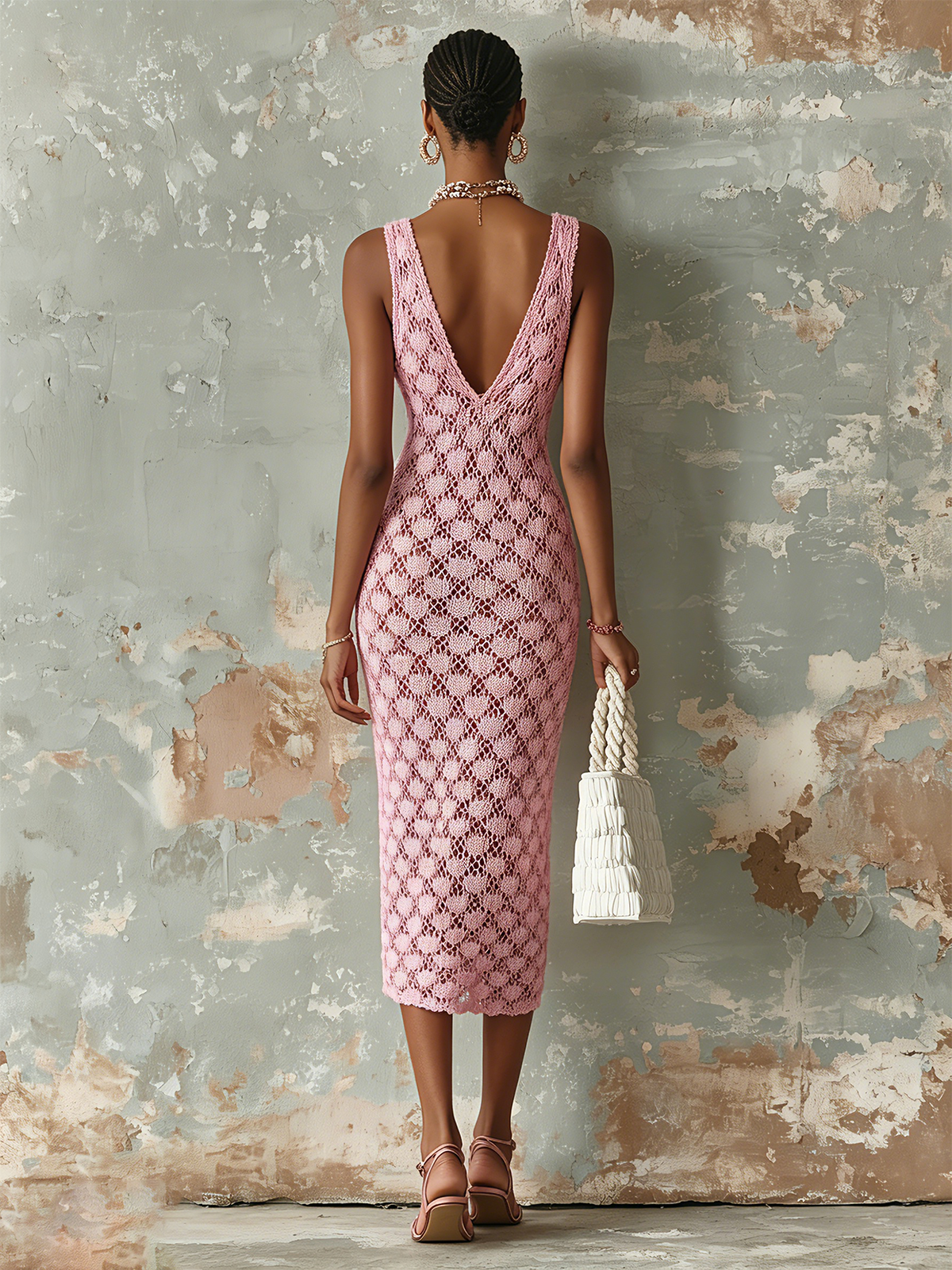Chic Elegant Pink V-Neck Sleeveless Slim-Fit Hollow-Out Knit Midi Dress