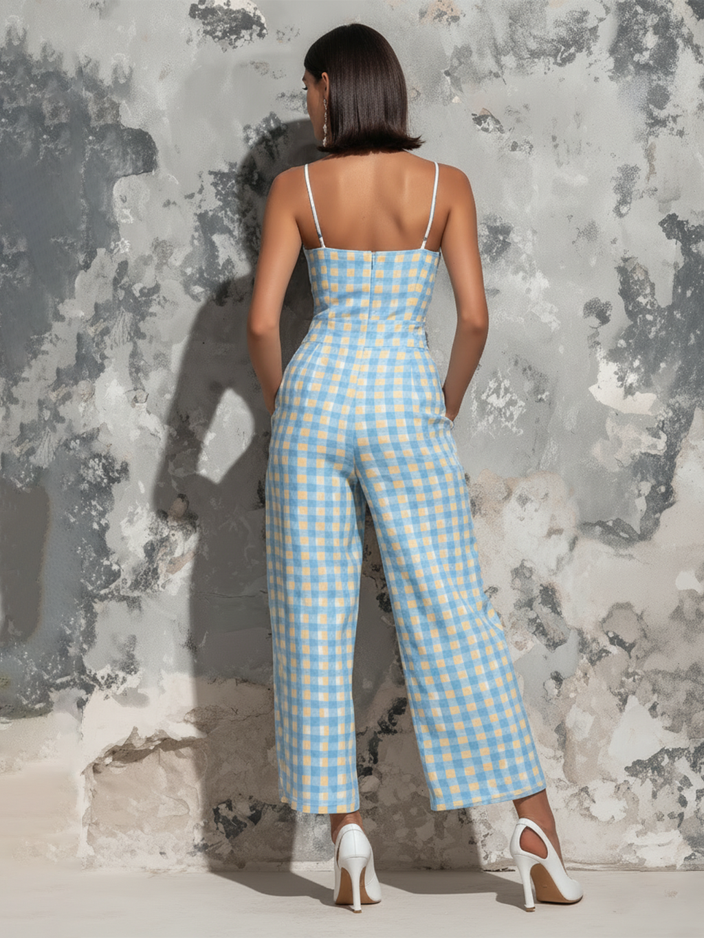 Chic Elegant Light Blue Gingham Check Cotton Blend Spaghetti Straps Square Neck Sleeveless Tailored-Waist Loose-Fit Wide-Leg Cropped Jumpsuit