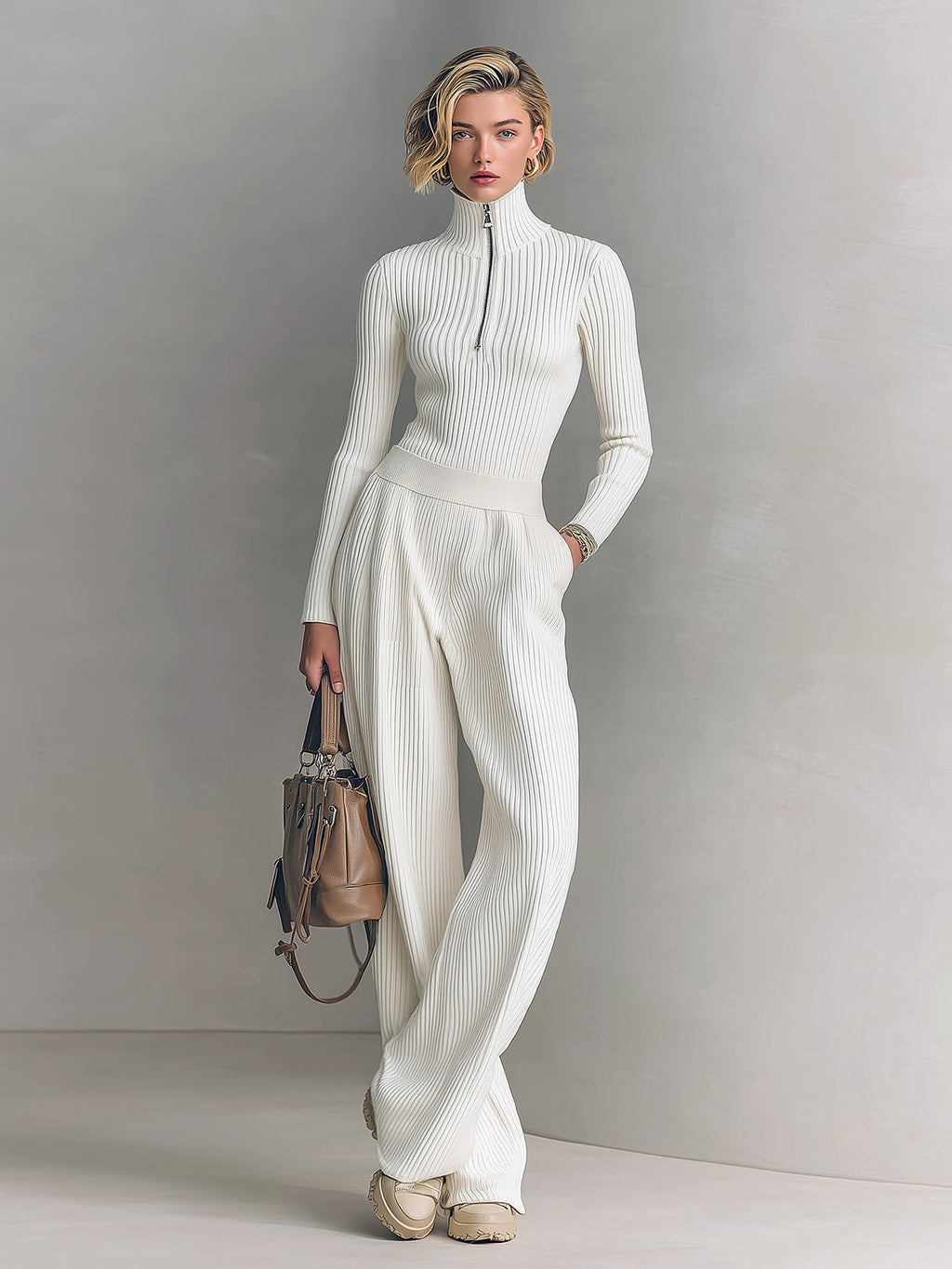 Chic Elegant Zip-up Mock Neck Slim-Fit Sweater Elastic Waist Wide-Leg Pants Knit Two-Piece Set