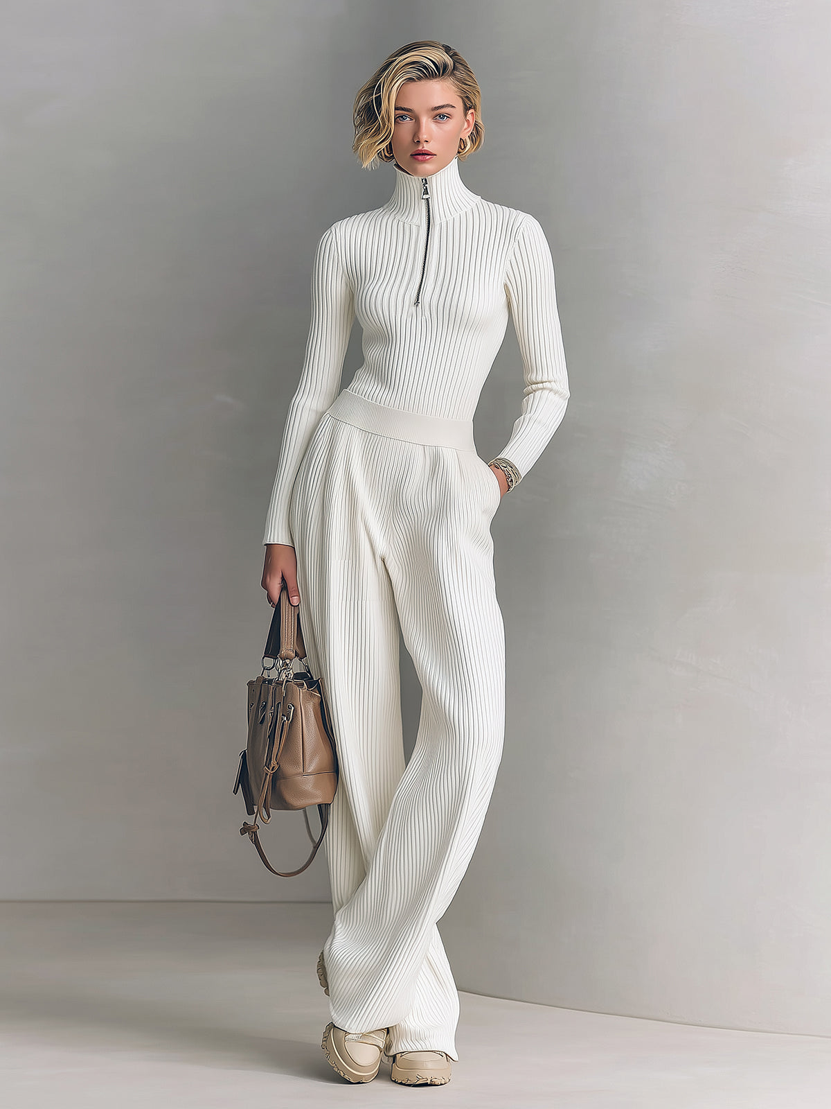 Chic Elegant Zip-up Mock Neck Slim-Fit Sweater Elastic Waist Wide-Leg Pants Knit Two-Piece Set
