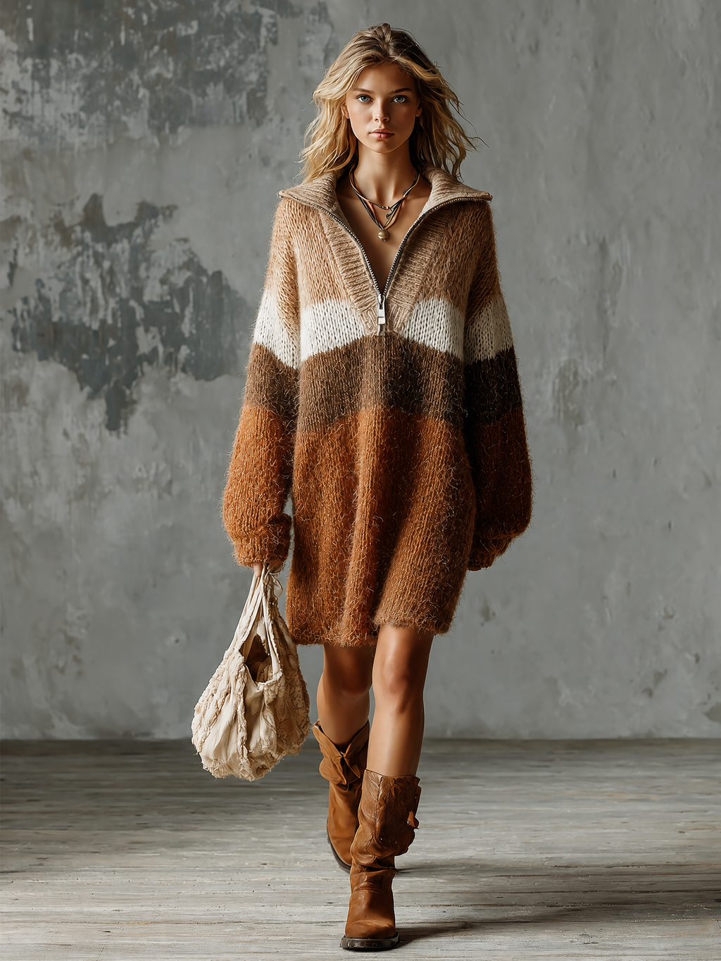 Chic Casual Earth‑Tone Colorblock Lapel Collar Half‑Zip Dropped Shoulder Long-Sleeve Loose-Fit Fuzzy Knit Mini Dress