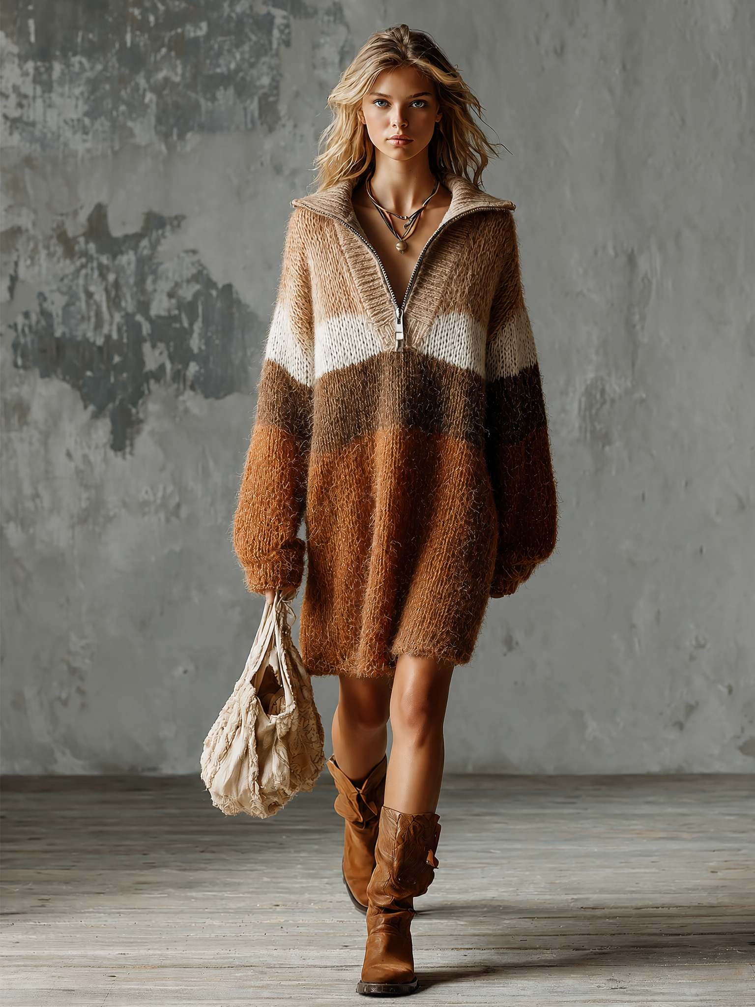 Chic Casual Earth‑Tone Colorblock Lapel Collar Half‑Zip Dropped Shoulder Long-Sleeve Loose-Fit Fuzzy Knit Mini Dress