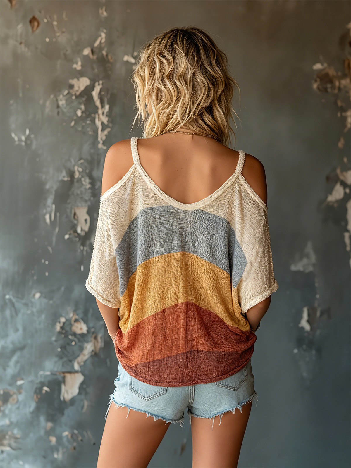 Chic Casual Multi-Color Stripe Cold Shoulder V-Neck Dolman Sleeve Oversize Cotton Linen Blend T-Shirt Top